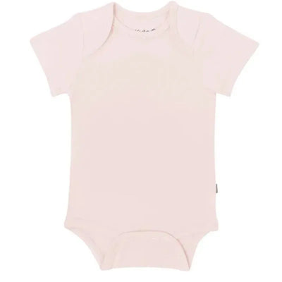 Short-sleeve baby bodysuit in blush color, featuring a simple design and a snap closure at the bottom.