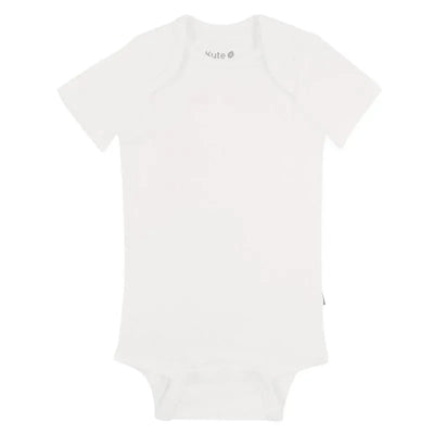 Neutral baby bodysuit in soft cloud color with short sleeves and snap closure at the bottom, by Kyte Baby.