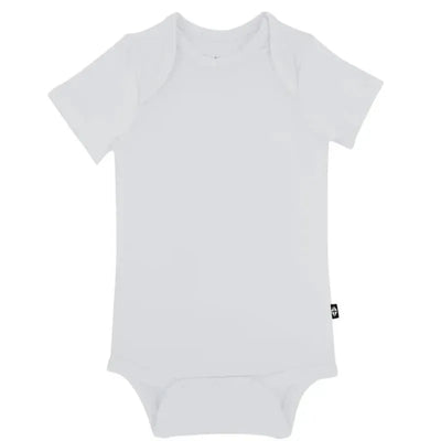 Neutral baby bodysuit in storm gray with short sleeves and a snap closure at the bottom.