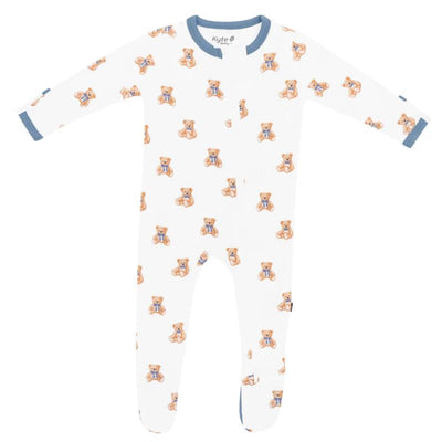 Baby zippered footie featuring a white background with colorful teddy bear prints, designed for comfort and warmth.