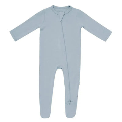 Baby zippered footie in fog color with long sleeves and a front zipper for easy dressing.