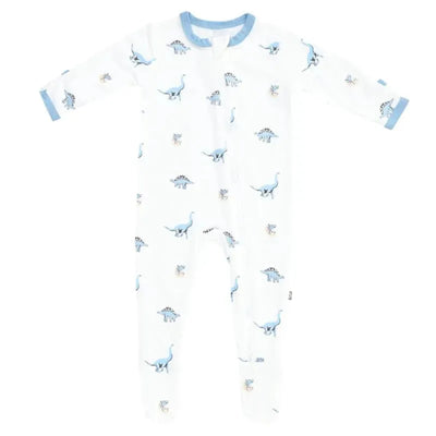 Baby zippered footie by Kyte Baby in Jurassic design, featuring colorful dinosaur prints on a white background.