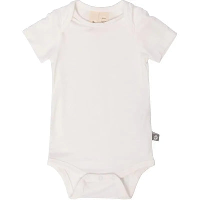 Short-sleeve white bodysuit by Kyte Baby with a tag on the side, designed for infants.