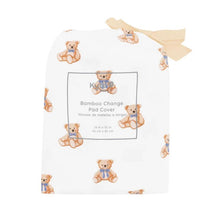 Bamboo change pad cover featuring a teddy bear print, labeled with dimensions and product information.
