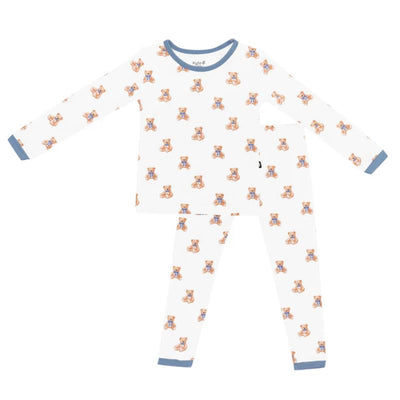 Long sleeve pajamas featuring a teddy bear print, designed for children, with blue trim and lightweight fabric.