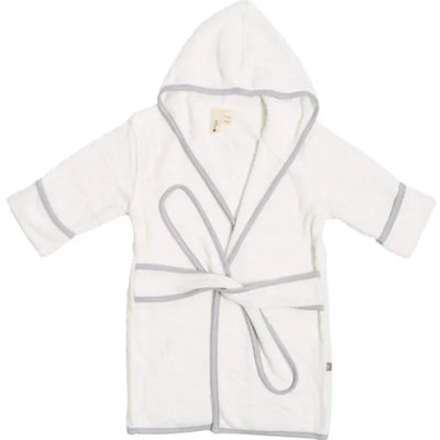 Toddler bath robe in white with gray storm trim, featuring a hood and tie belt. Suitable for after bath use.