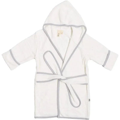 Toddler bath robe in white with gray trim and a hood, featuring a tie belt and front pockets.