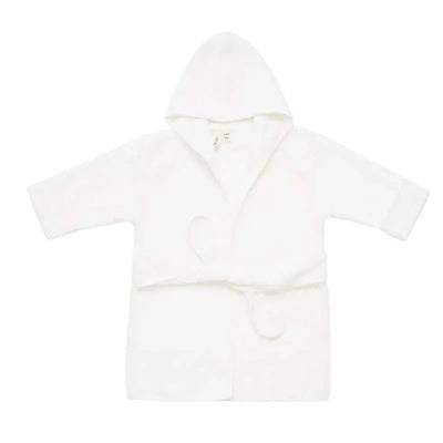 Toddler bath robe in cloud color with a hood, featuring a belt and short sleeves, designed for comfort and warmth.