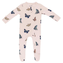 Zippered footie in blush color featuring various butterfly prints, designed for infants by Kyte Baby.