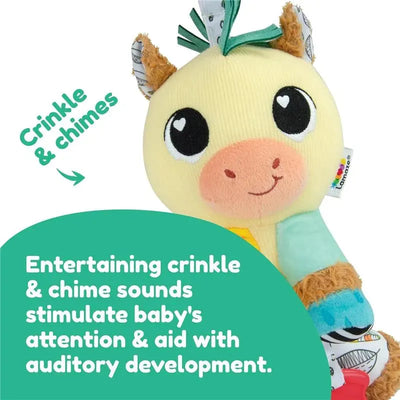 Lamaze Carson Clydesdale Clip & Go toy features a cheerful yellow horse with crinkle and chime sounds for auditory development.