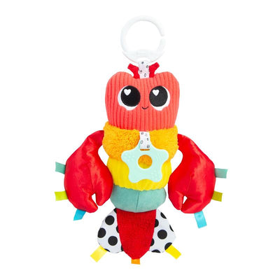Colorful plush lobster toy with a clip, featuring large eyes, various textures, and dangling tags for sensory play.