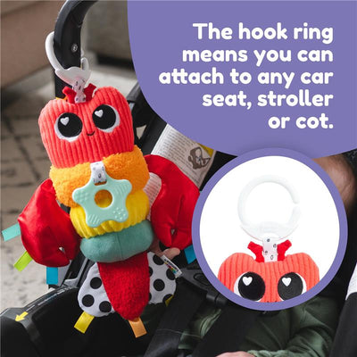 Colorful Liam The Lobster toy with a hook ring for attaching to car seats, strollers, or cots, featuring multiple textures and features.