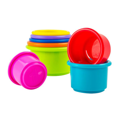 Brightly colored stacking cups from Lamaze, featuring a mix of pink, green, blue, red, orange, and yellow cups for play and learning.