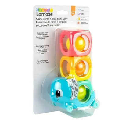 Lamaze Stack, Rattle & Roll Block Set featuring colorful easy-to-grip blocks and a blue rolling car with a playful design.