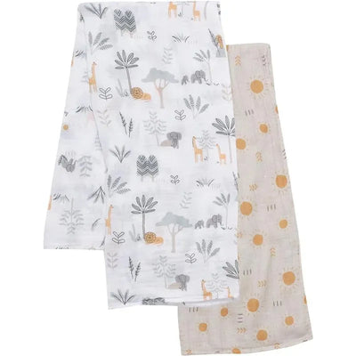 Two swaddle blankets from Lambs & Ivy, one featuring animal and plant patterns, the other with sun motifs.