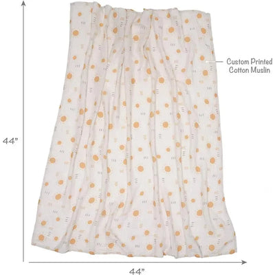 Two swaddle blankets featuring a sunny design printed on custom cotton muslin, measuring 44 inches by 44 inches.