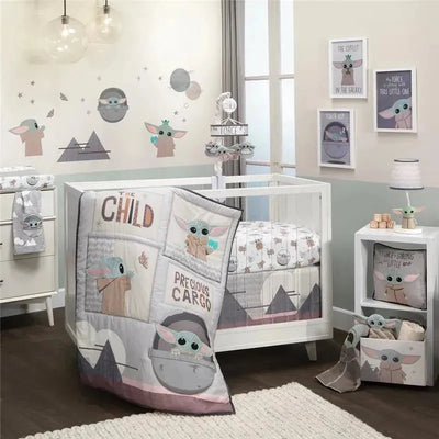 Baby crib bedding set featuring The Child (Baby Yoda) with quilt, sheets, decor, and a playful design in soft colors.