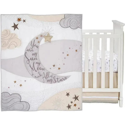 Three-piece baby crib bedding set featuring a quilt with moon and star design, alongside a white crib with star-patterned sheet.