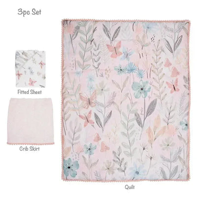 Three-piece baby crib bedding set including a quilt with pink floral and butterfly design, fitted sheet, and crib skirt.