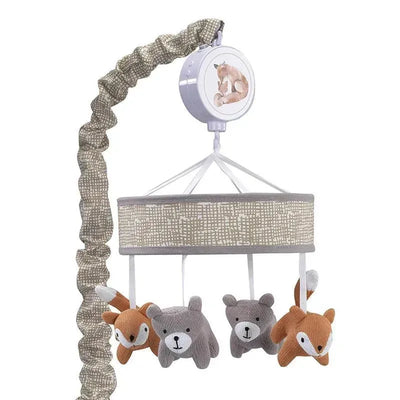 Baby crib musical mobile featuring plush bear and fox toys, with a fabric-covered frame and whimsical design.