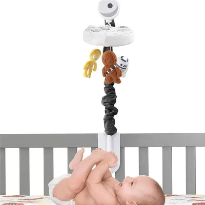 Baby musical mobile featuring plush toys of Chewbacca, R2-D2, and C-3PO, designed for nursery decoration.