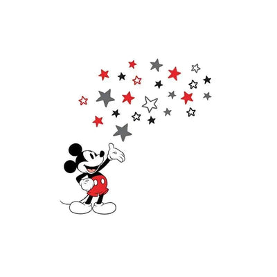 Mickey Mouse character with a joyful expression, surrounded by colorful stars in red, gray, and black.
