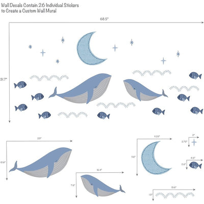 Lambs & Ivy Bubble & Squirt Wall Decals featuring blue whales, fish, and a crescent moon, with 26 individual stickers for a custom mural.
