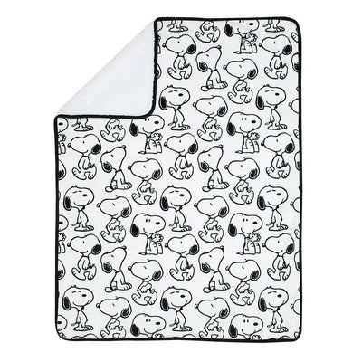 Classic Snoopy blanket featuring a repeating pattern of Snoopy illustrations on a white background with black trim.
