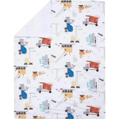 Cozy fleece baby blanket featuring colorful construction trucks and equipment on a white background.