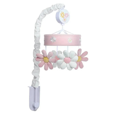Musical mobile featuring pastel-colored daisies, designed for nursery decor, with a pink circular base and adjustable arm.
