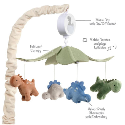 Musical mobile featuring plush dinosaur characters, felt leaf canopy, and a music box that plays lullabies.
