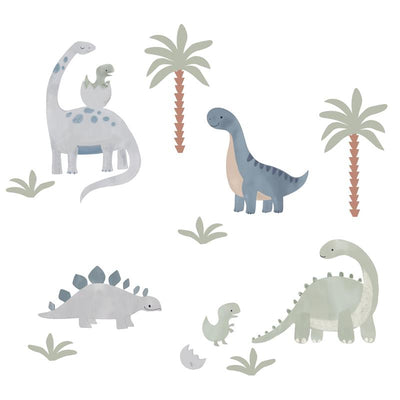 Dinosaur-themed wall decals featuring various cute dinosaurs and palm trees in soft colors.