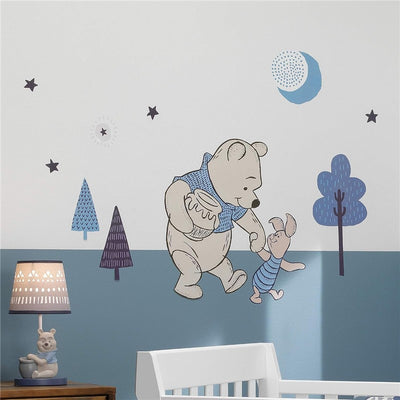 Disney Forever Pooh Applique features Winnie the Pooh and Piglet walking together, surrounded by trees and stars, in soft colors.