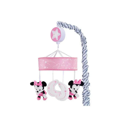 Minnie Mouse baby mobile featuring two plush Minnie figures and a star-decorated canopy in pink and white.