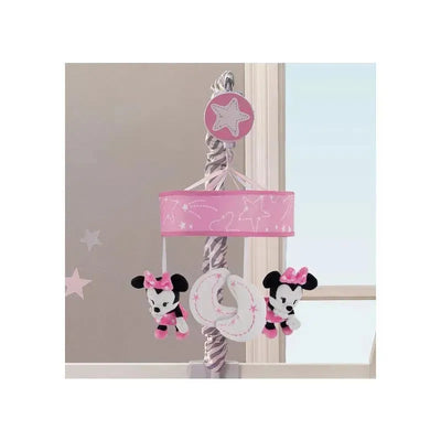 Disney Minnie Baby Star Mobile features plush Minnie Mouse toys and a pink hanging canopy with star designs.