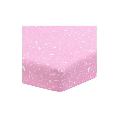 Disney Minnie Baby Star Sheet for crib, featuring a pink background with white stars, moons, and butterflies.