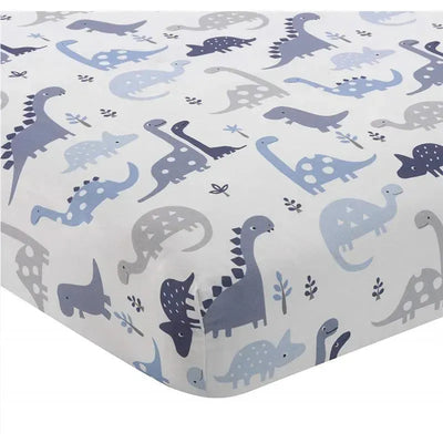 Fitted crib sheet with a dinosaur pattern in shades of blue and gray, designed for baby bedding.