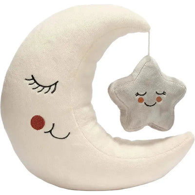 Plush moon toy with a sleeping face and a small hanging star. Soft fabric, light colors, suitable for nursery decor.