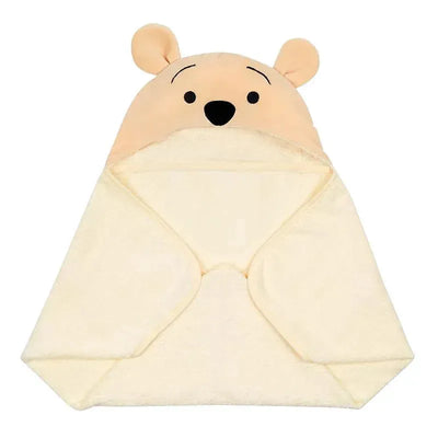 Hooded baby bath towel featuring Winnie The Pooh with bear ears and a friendly face, soft cream fabric.