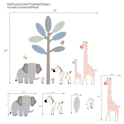 Lambs & Ivy Jazzy Jungle Wall Decals featuring a tree, elephants, giraffes, and a zebra with dimensions for each decal.