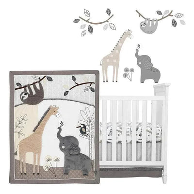 Four-piece baby bedding set featuring a quilt with jungle animals like a giraffe, elephant, and sloth, alongside nursery decor.