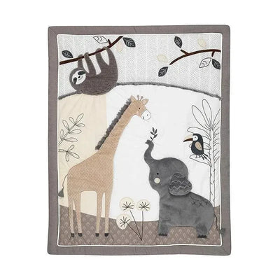 Four-piece baby bedding set featuring a quilt with a sloth, giraffe, elephant, and toucan, set against a soft jungle theme.