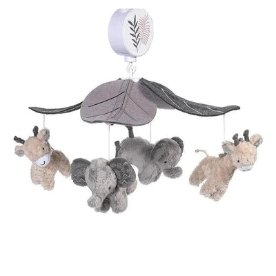 Jungle-themed baby crib mobile featuring plush animals: a goat, elephant, lion, and a giraffe, with a fabric canopy overhead.