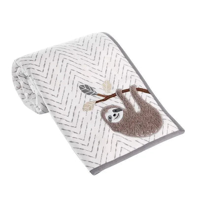 Soft baby blanket from Lambs & Ivy featuring a sloth design on a chevron-patterned background.