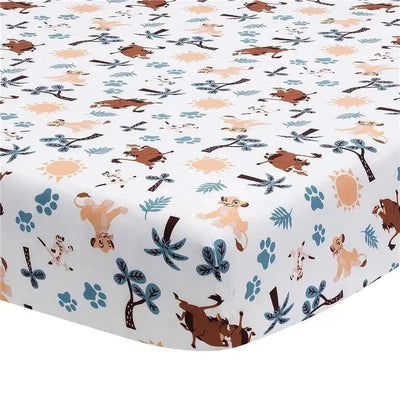 Fitted crib sheet featuring Lion King characters, including Simba and Timon, with colorful sun and tree patterns.