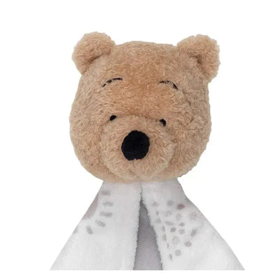 Plush security blanket featuring a Winnie the Pooh bear head and soft, white blanket material.