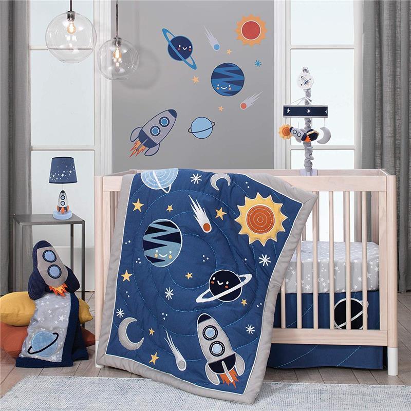 Lambs & Ivy Milky Way Space Galaxy 4-Piece Baby Crib Bedding Set in Blue & Gray Boy Image 1