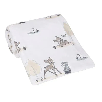 Minky Sherpa baby blanket featuring Bambi and woodland animals on a soft white background.
