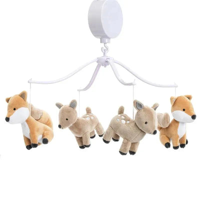 Musical baby mobile featuring plush deer and fox characters, designed to soothe infants with soft melodies.