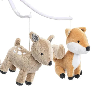 Musical baby mobile featuring plush deer and fox toys, designed for nursery decoration and soothing infants.